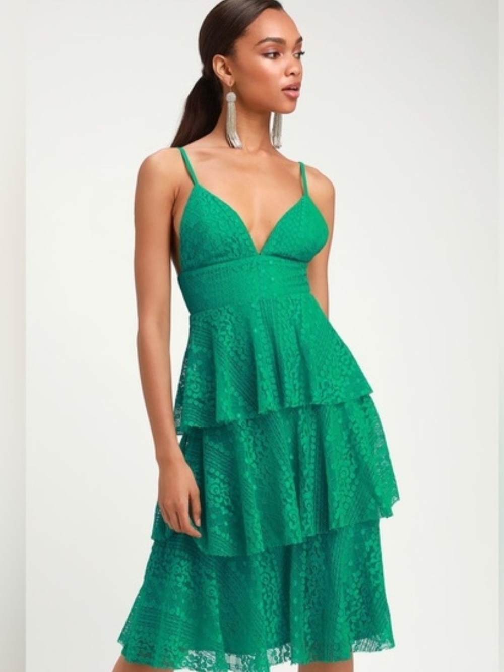 Lulus Endless Romance Green Lace Ruffled Midi Dress
